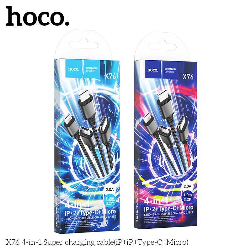 Cáp Sạc Hoco X76 Super 4 Trong 1 2.0A Cổng IP * 2 + TypeC + Micro Dây Dài 1m