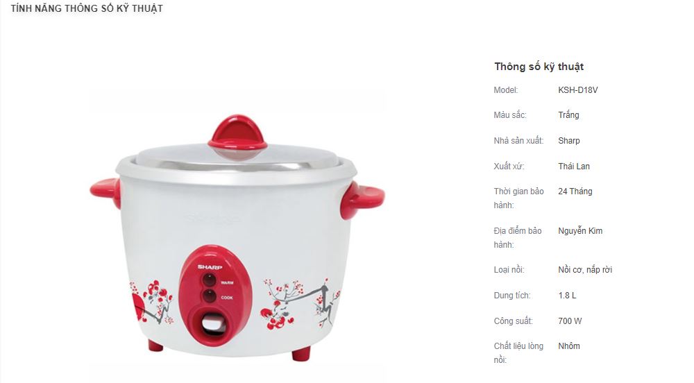 Nồi cơm điện Sharp 1.8 lít KSH-D18V - Giao màu ngẫu nhiên
