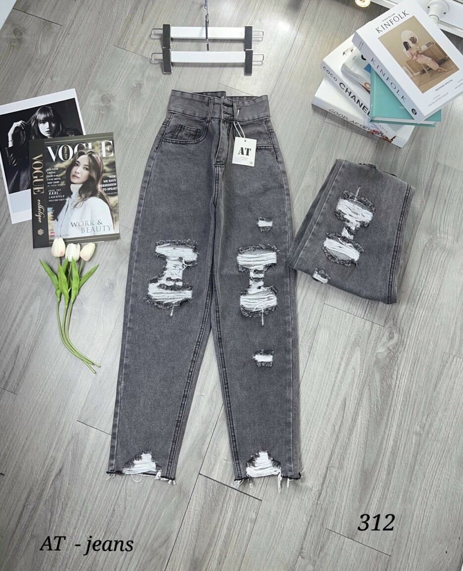 Baggy Jeans Lưng Cao 2 Nút Rách Nhiều