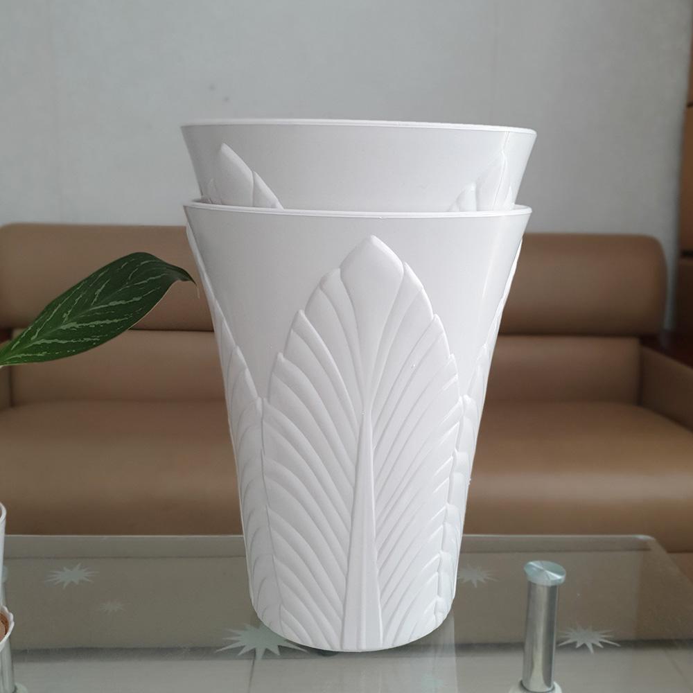 Combo 2 chậu ống lá trồng hoa cỡ lớn nhựa dày trắng 33x42cm Chậu kích thước lớn, trồng đa dạng các loại cây Thân chậu khắc hình lá độc đáo và trang nhã