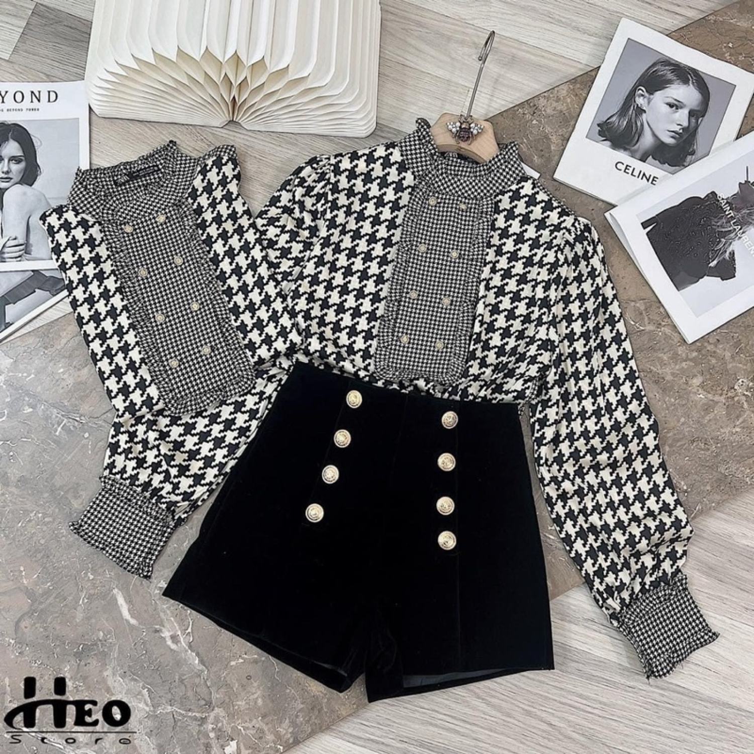 Áo sơ mi lụa kẻ zic zắc cổ bèo