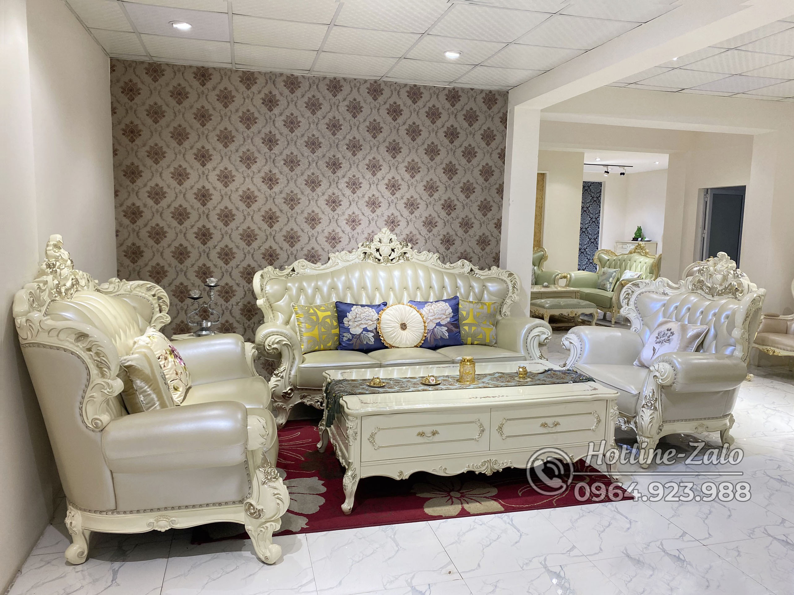 Bộ Sofa phòng khách tân cổ điển bọc da bò nhập khẩu 9903B