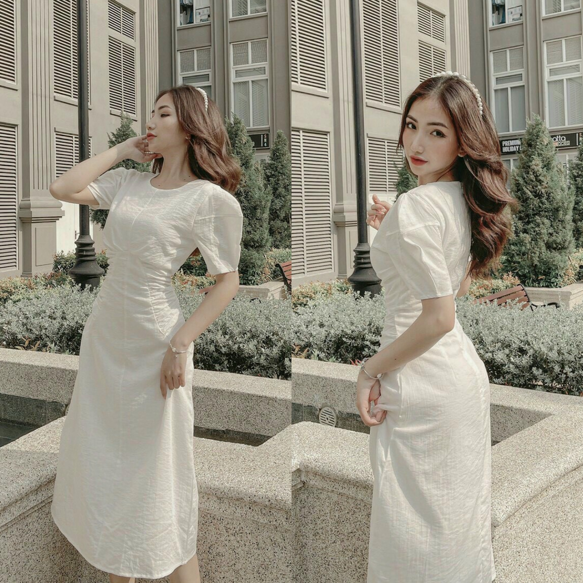 Đầm nữ nhún eo tay phồng tôn dáng hnk322