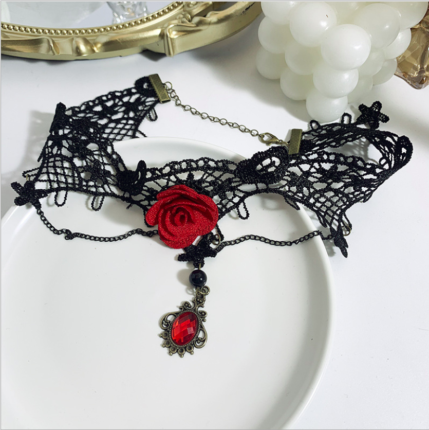 [HCM]Vòng cổ choker ren đen bông hồng đỏ phá cách