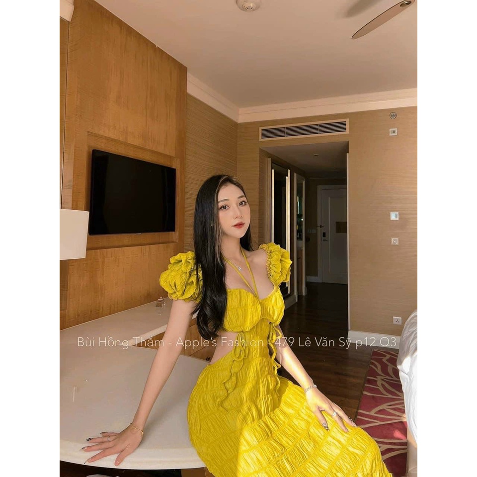 T11 Đầm maxi hồng chạy moking hở lưng thắt dây cổ dáng xòe đi biển có mút ngực xốp chỉ trắng xanh