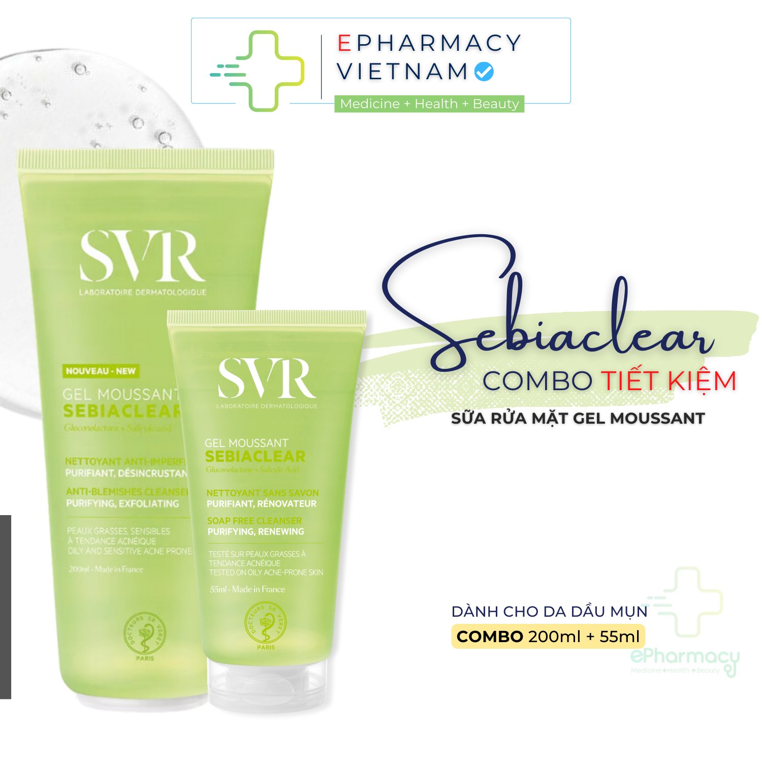 Gel rửa mặt SVR Sebiaclear Gel Mousant không chứa xà phòng, làm sạch & loại bỏ tế bào da chết