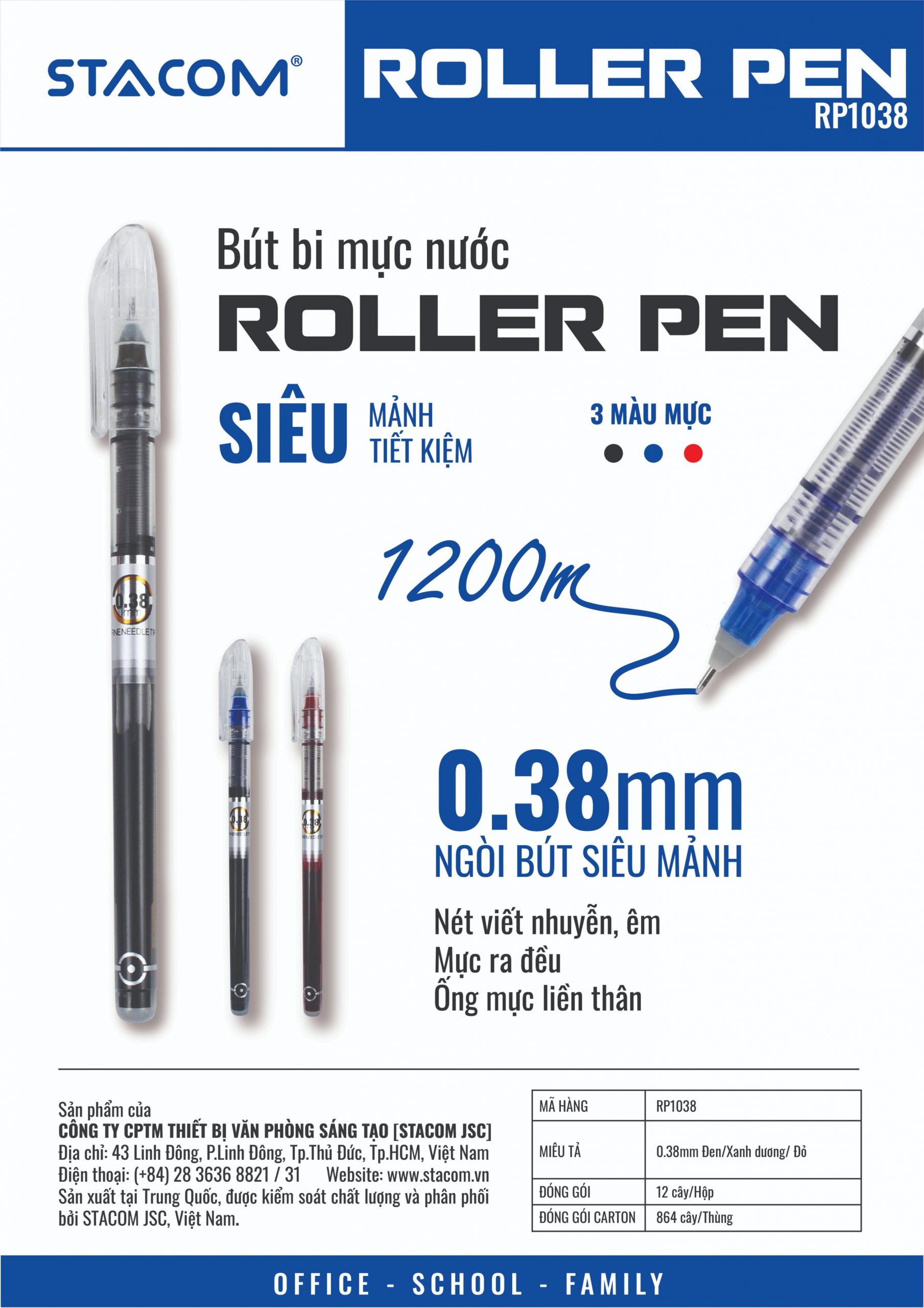 Bút mực gel nắp đậy Stacom ngòi nét 0.38mm - RP1038 nét bút siêu mảnh