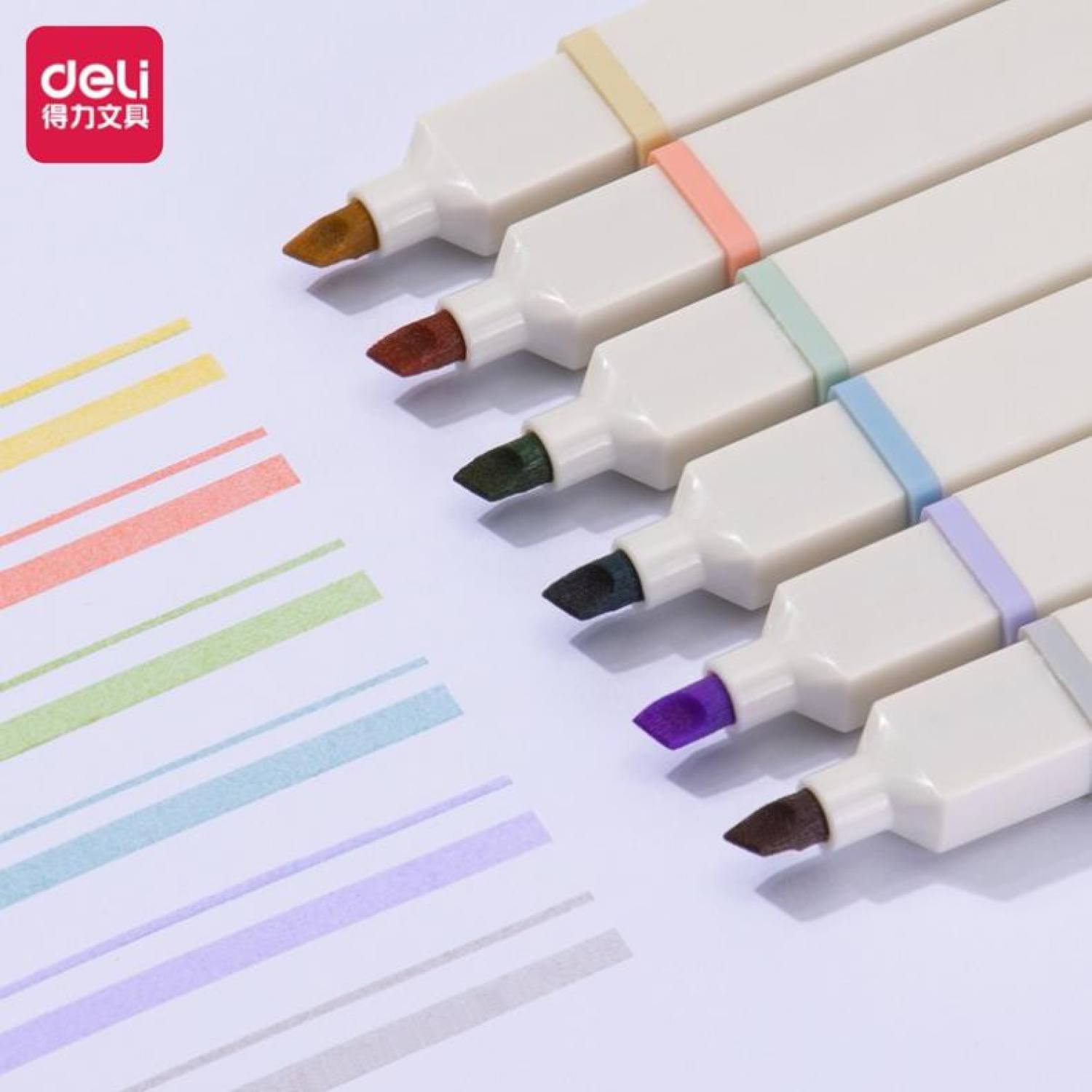 Bút highlight kèm sticker Deli - nhấn dòng macaron dạ quang - hộp 6 chiếc - S742 .