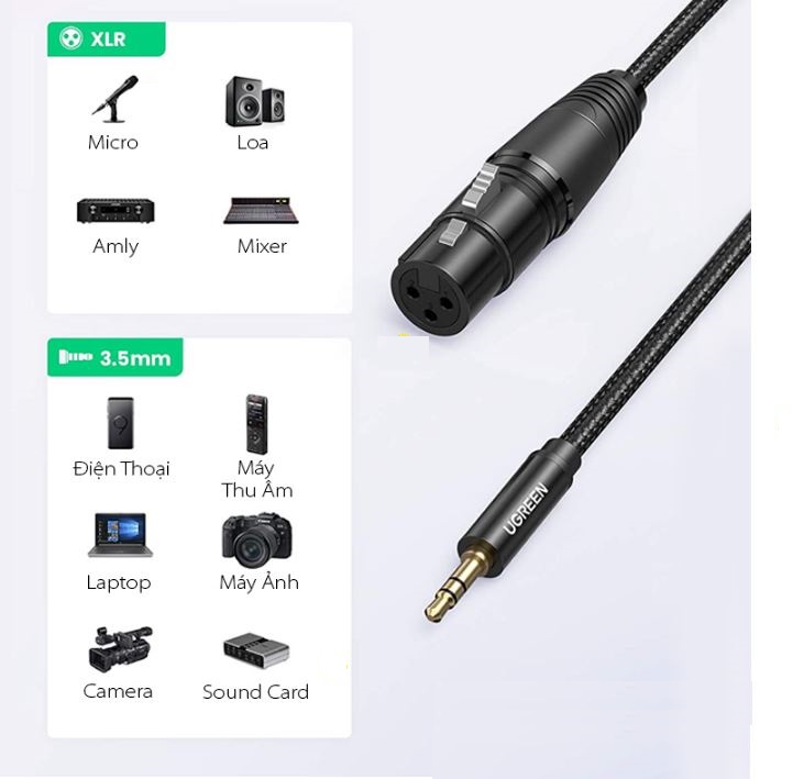 Cáp Audio 3.5mm sang XLR (Female) Ugreen ( 1M 20763 / 2M 20244 ) Hỗ trợ HiFi Chính Hãng