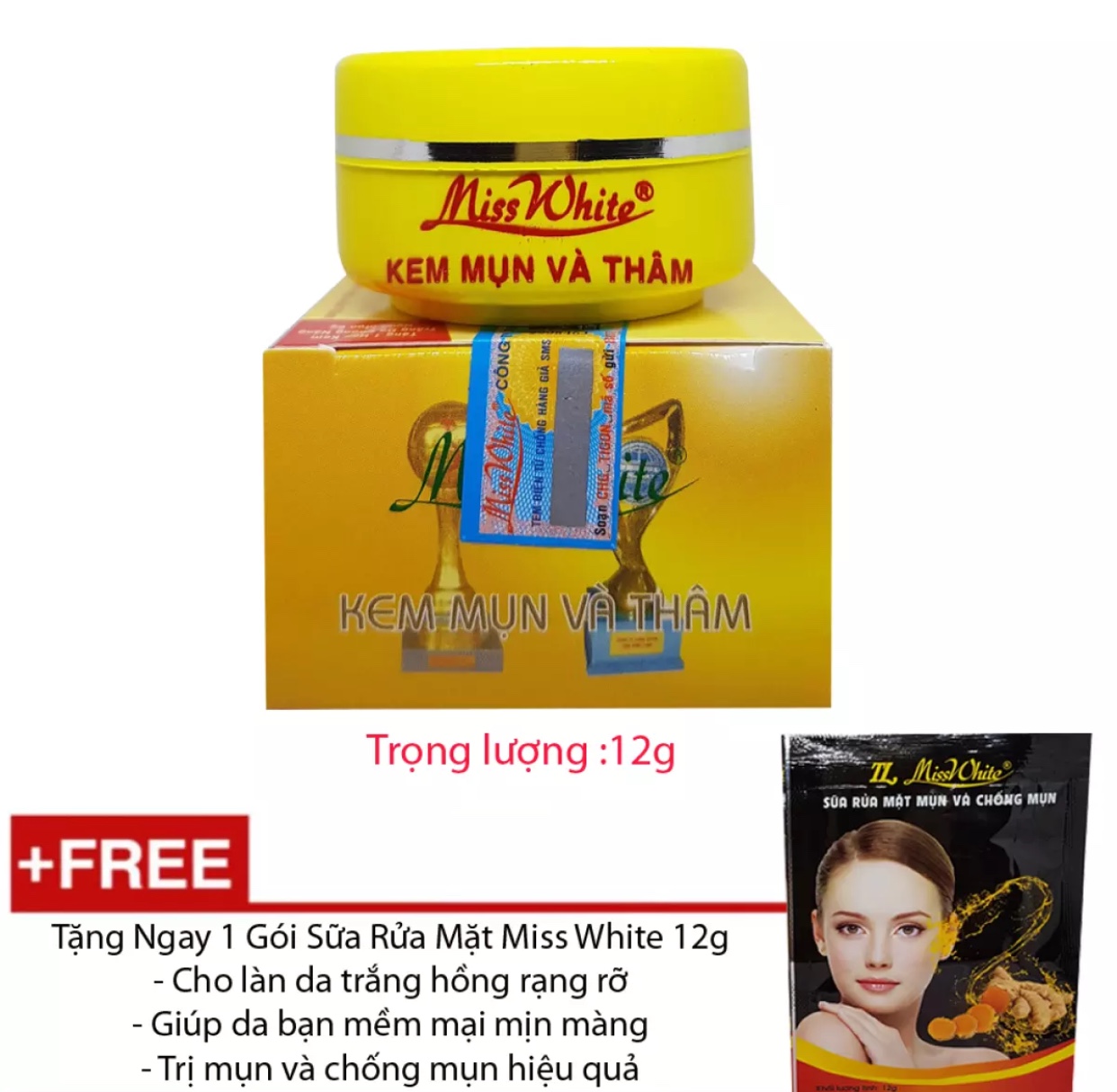 [HCM]KEM MỤN NGỪA THÂM MISS WHITE 12G + TẶNG SỮA RỬA MẶT MISS WHITE