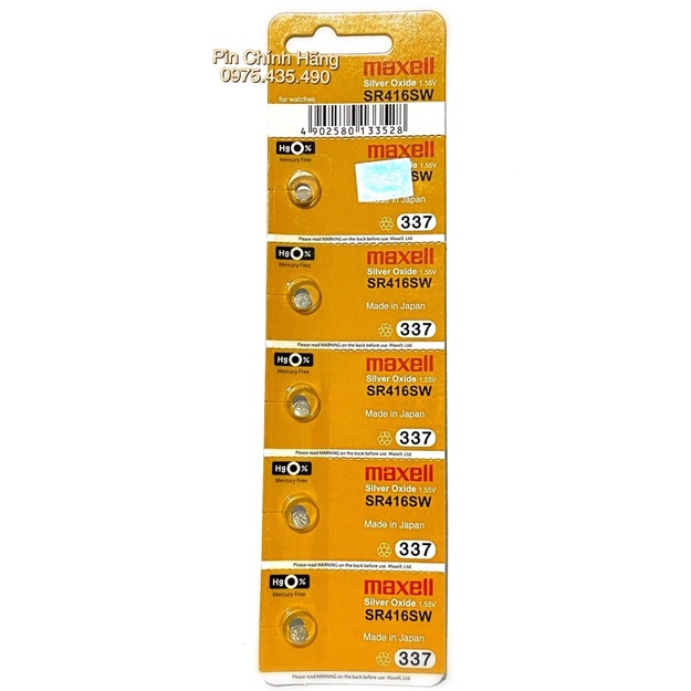 Pin đồng hồ sr416sw 337 maxell silver oxide chính hãng vỉ 5 viên - made in japan