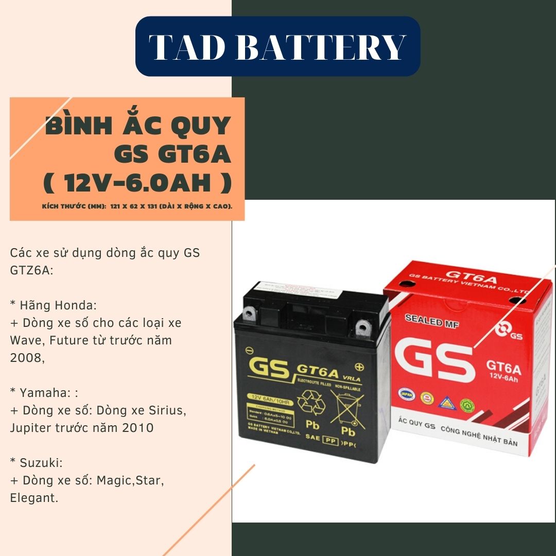 Ắc quy GT6A 12V-6Ah Dùng cho xe Dream, Wave, Future