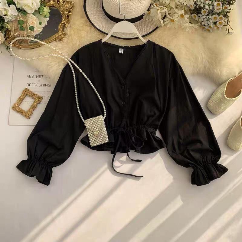 [FREE SHIP] Áo Voan Kiểu Sơmi Tay Dài Cổ V Phối Rút Eo Qúy Phái TTS0859