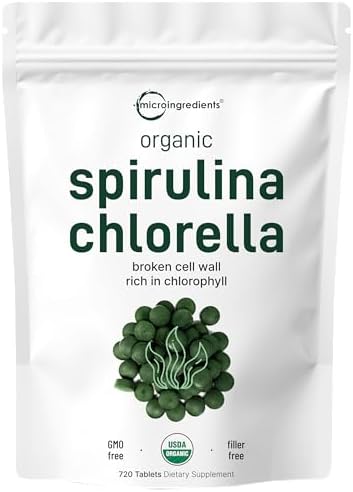 Organic Chlorella Spirulina Tablets, 3000mg Per Serving, 720 Counts