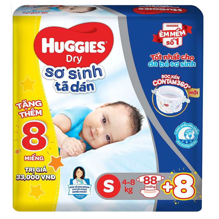 Tã Dán Sơ Sinh Huggies S88 (88 Miếng) - Tặng 8 miếng