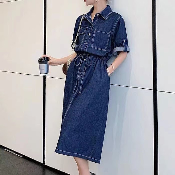 [HCM]ĐẦM JEAN XOÈ CỔ PHỐI VIỀN