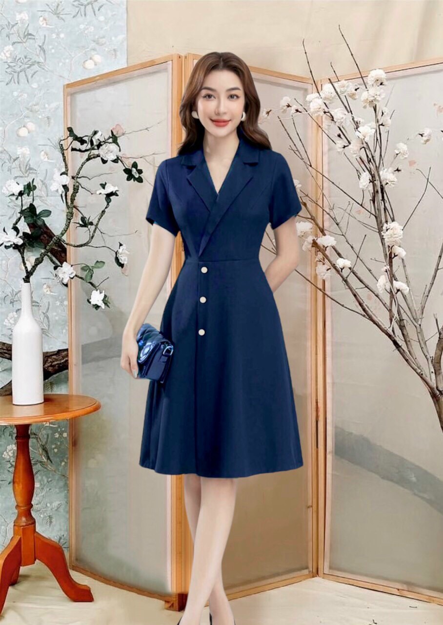 Đầm cổ vest công sở lịch sự, sang trọng fullsize
