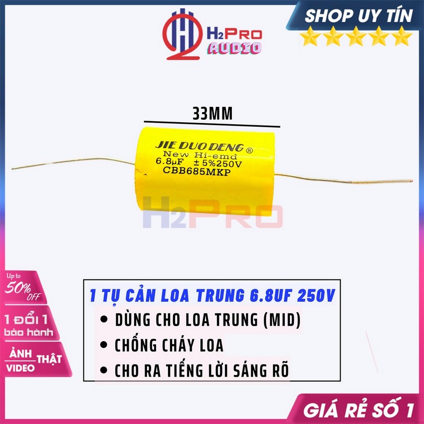 2 Tụ Cản Loa Trung 6.8Uf 250V Cao Cấp Vàng Tròn, Tụ Cản Cho Loa Mid Chống Cháy, Tụ Phân Tần Loa Trung-H2Pro Audio