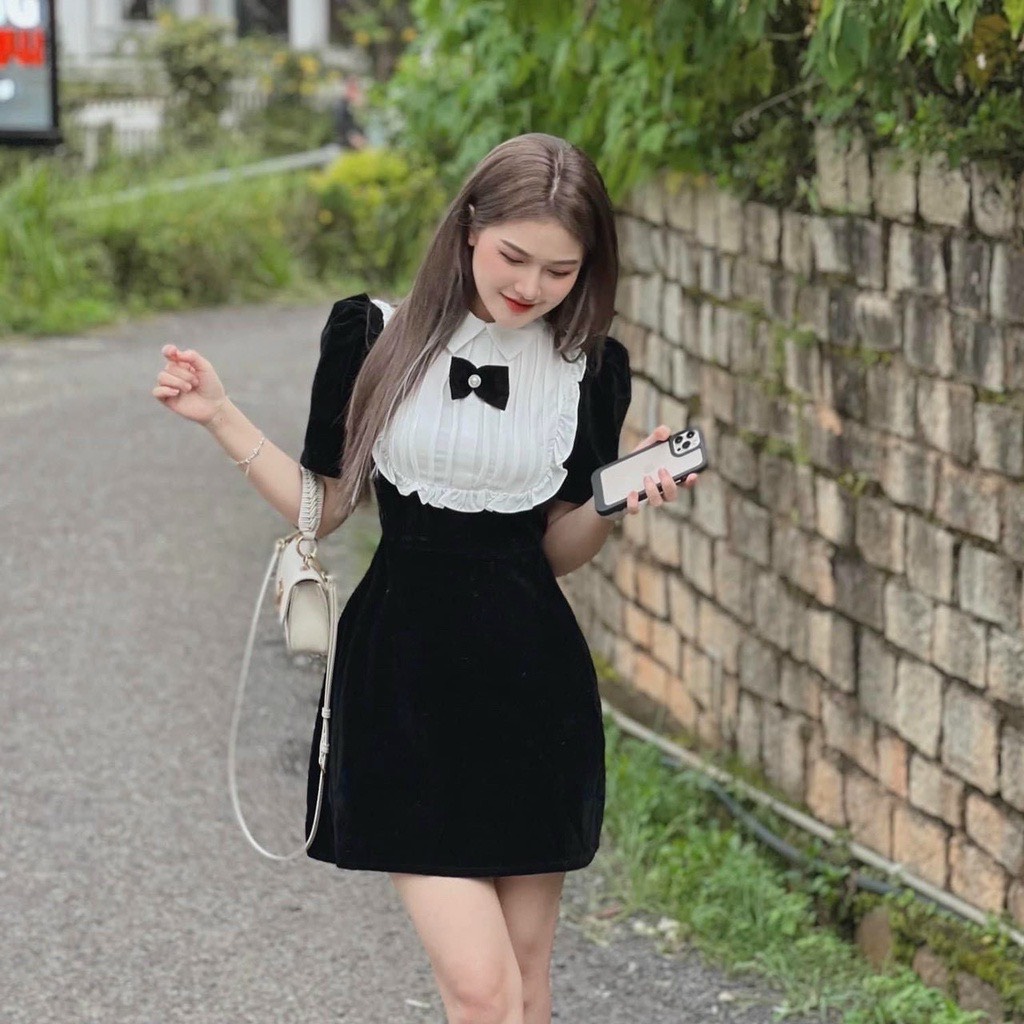 Đầm tiểu thư cổ áo sơ mi thời trang Hàn Quốc dễ thương - váy chữ A phối bèo trắng đính nơ hàng thiết kế cao cấp như hình
