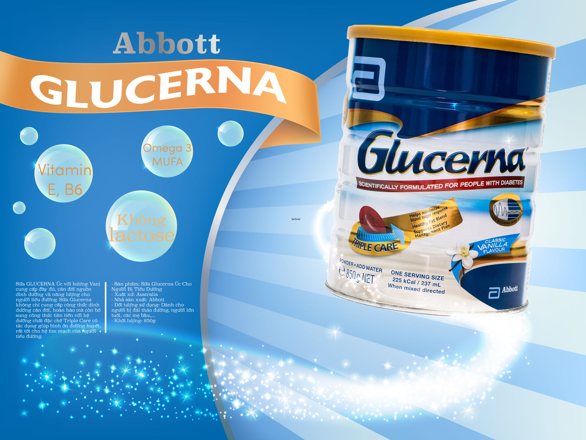 SỮA BỘT GLUCERNA ÚC 850g - dành cho người tiểu đường