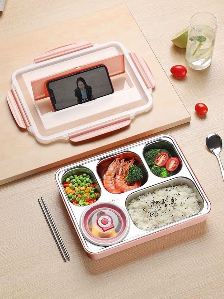 [TẶNG BỘ THÌA ĐŨA INOX] Khay cơm inox 5 ngăn riêng biệt đựng cơm và thức ăn mang đi làm, có thể để trong tủ lạnh trước bữa ăn dùng lò vi sóng để hâm nóng, hoặc đổ nước nóng xuống khay nhựa bên dưới hâm nóng tiện lợi