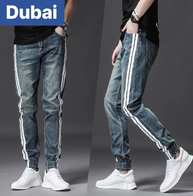 QUẦN JOGGER JEAN NAM CHẤT BÒ XANH 2 SỌC VIỀN TÚM GẤU KIỂU HÀN QUỐC D-68 CAO CẤP - DUBAI FASHION