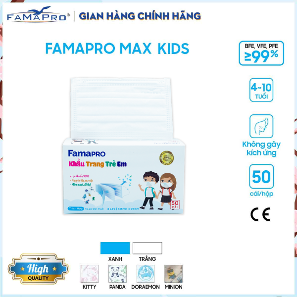 Khẩu trang y tế 3 lớp trẻ em Famapro Max Kid kháng khuẩn (50 cái / Hộp) nhập khẩu