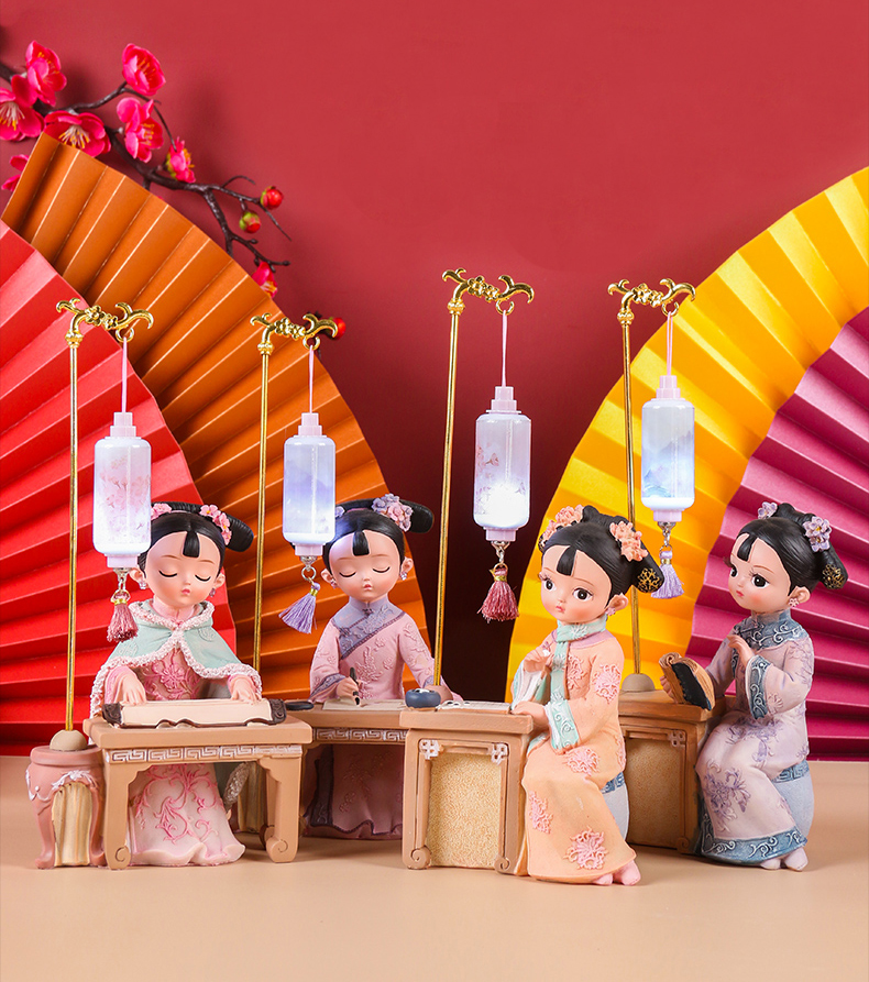 Bộ thiếu nữ Cầm Kỳ Thi Họa cổ trang bên đèn 3D