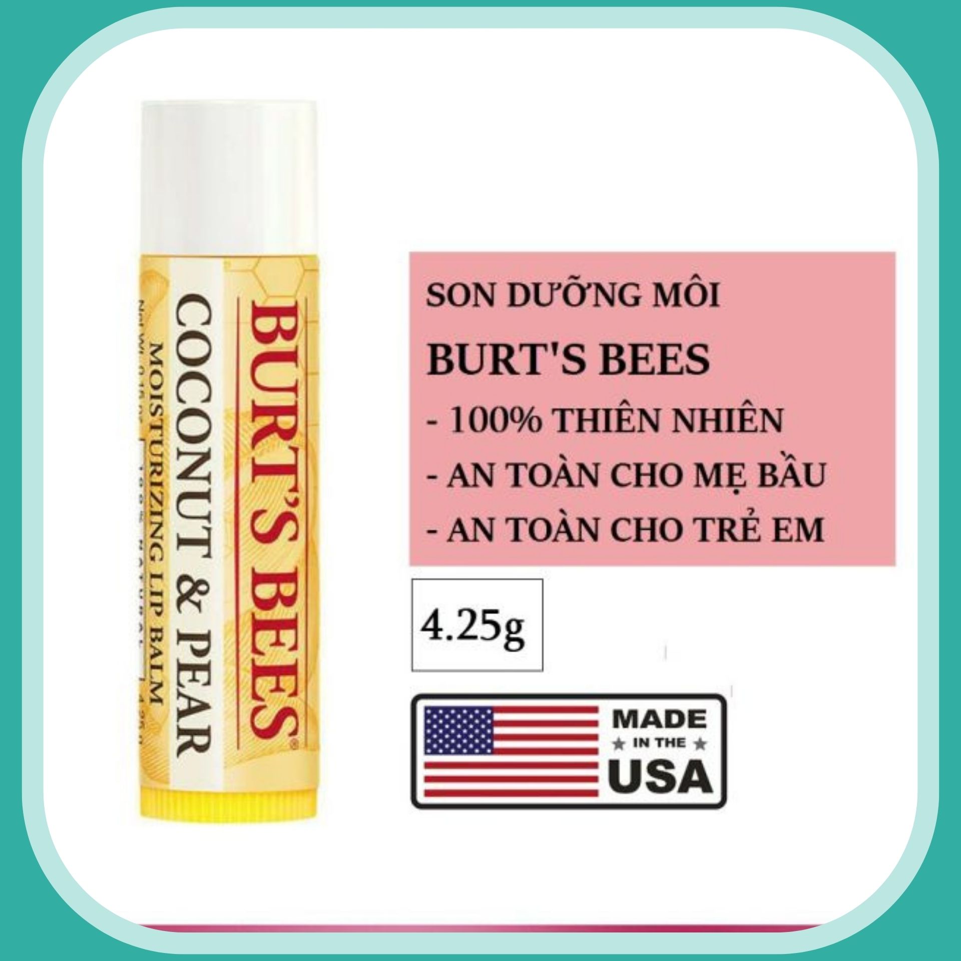[BILL MỸ] Son dưỡng môi Burt's Bees Moisturing Lip Balm 100 % Natural 4.25g