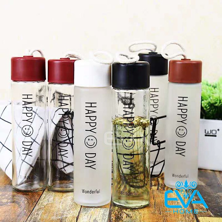 [HCM]Bình Nước Thuỷ Tinh Mờ Happy Day 400 Ml
