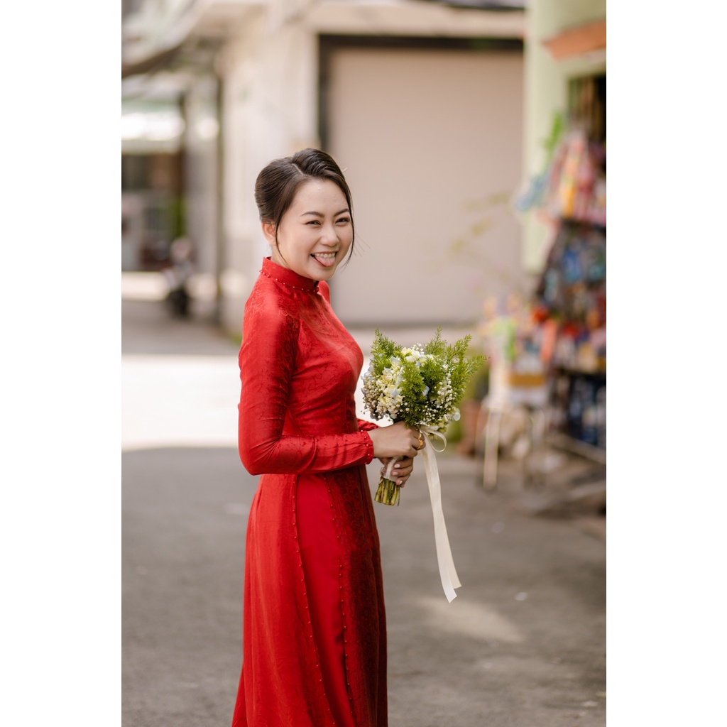 Áo dài cưới [Cam House] chất liệu gấm, đính ngọc trai đỏ