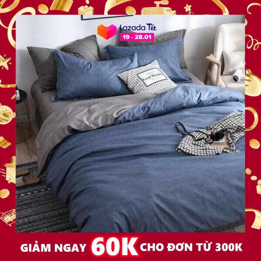 Bộ chăn ga gối phong cách Hàn Quốc basic xanh ghi hiện đại bo chun đủ kích thước.