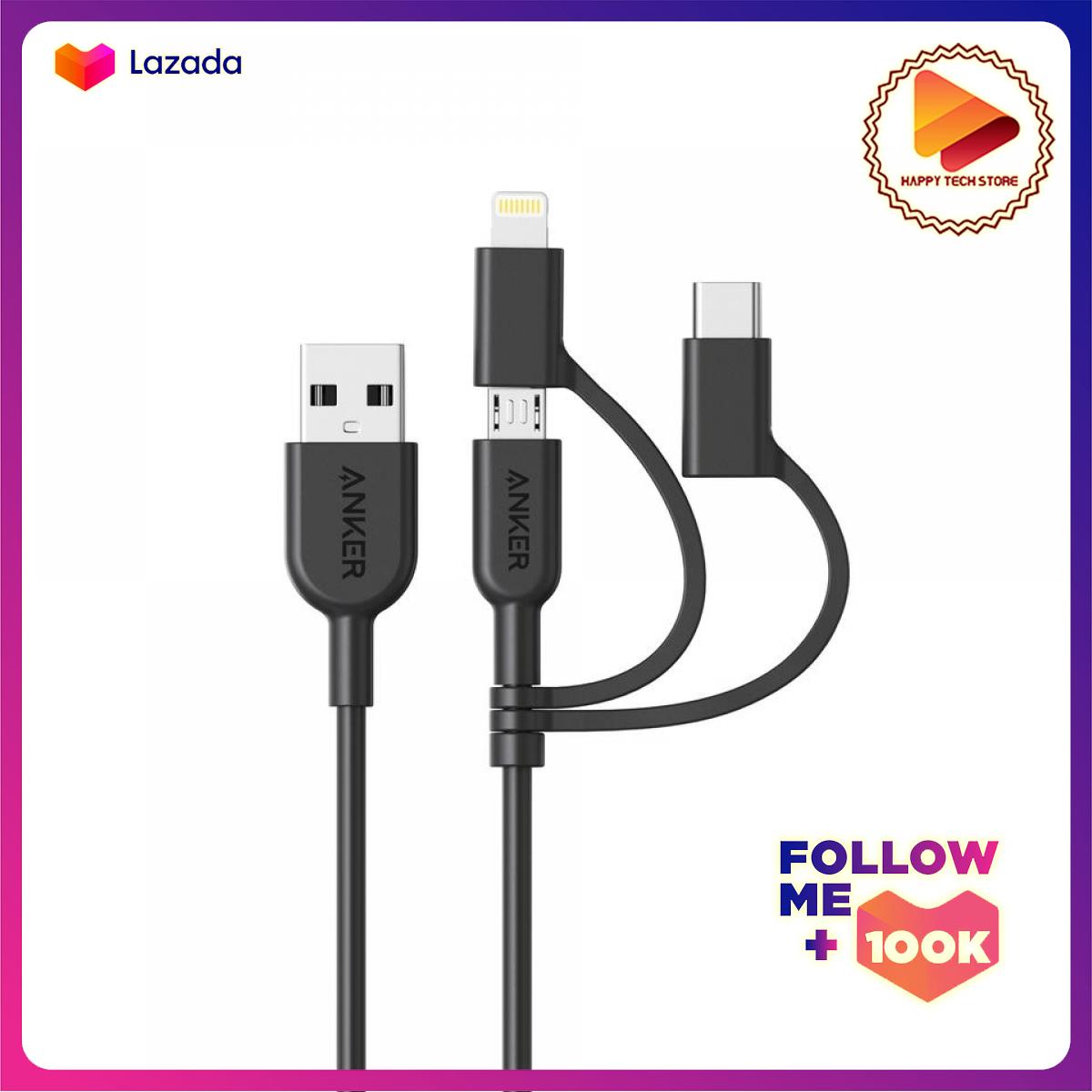 Cáp 3 in 1 anker powerline ii 0.9m - a8436 - cáp lightning / type c / micro usb cho iphone, ipad, huawei, htc, lg, samsung galaxy, sony xperia, điện thoại thông minh android và mọi loại điện thoại