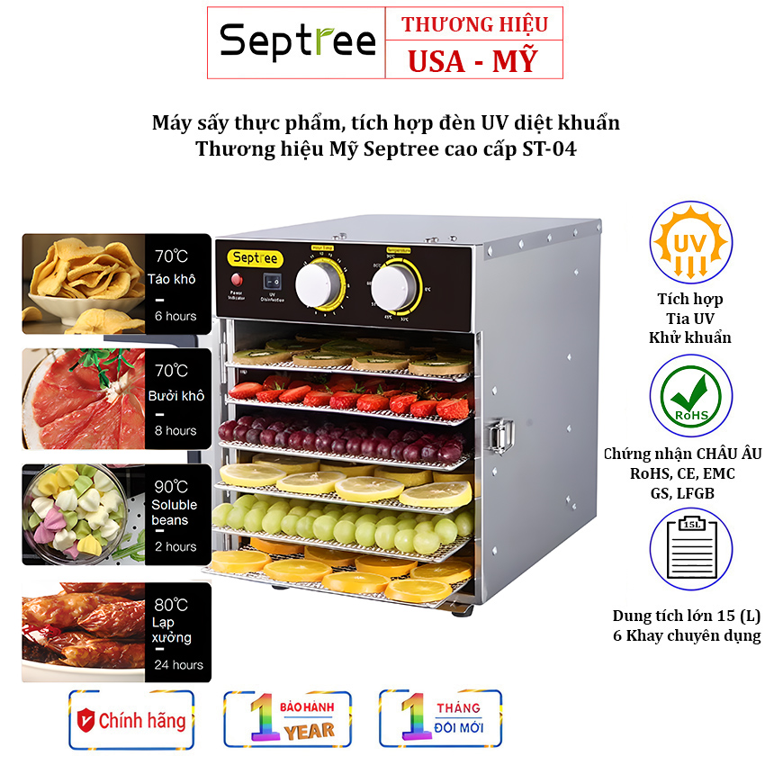 Máy sấy thực phẩm Septree ST-04 6 khay tích hợp đèn UV diệt khuẩn, thương hiệu Mỹ cao cấp, Công suất máy 500W, Sấy khô, Sấy dẻo