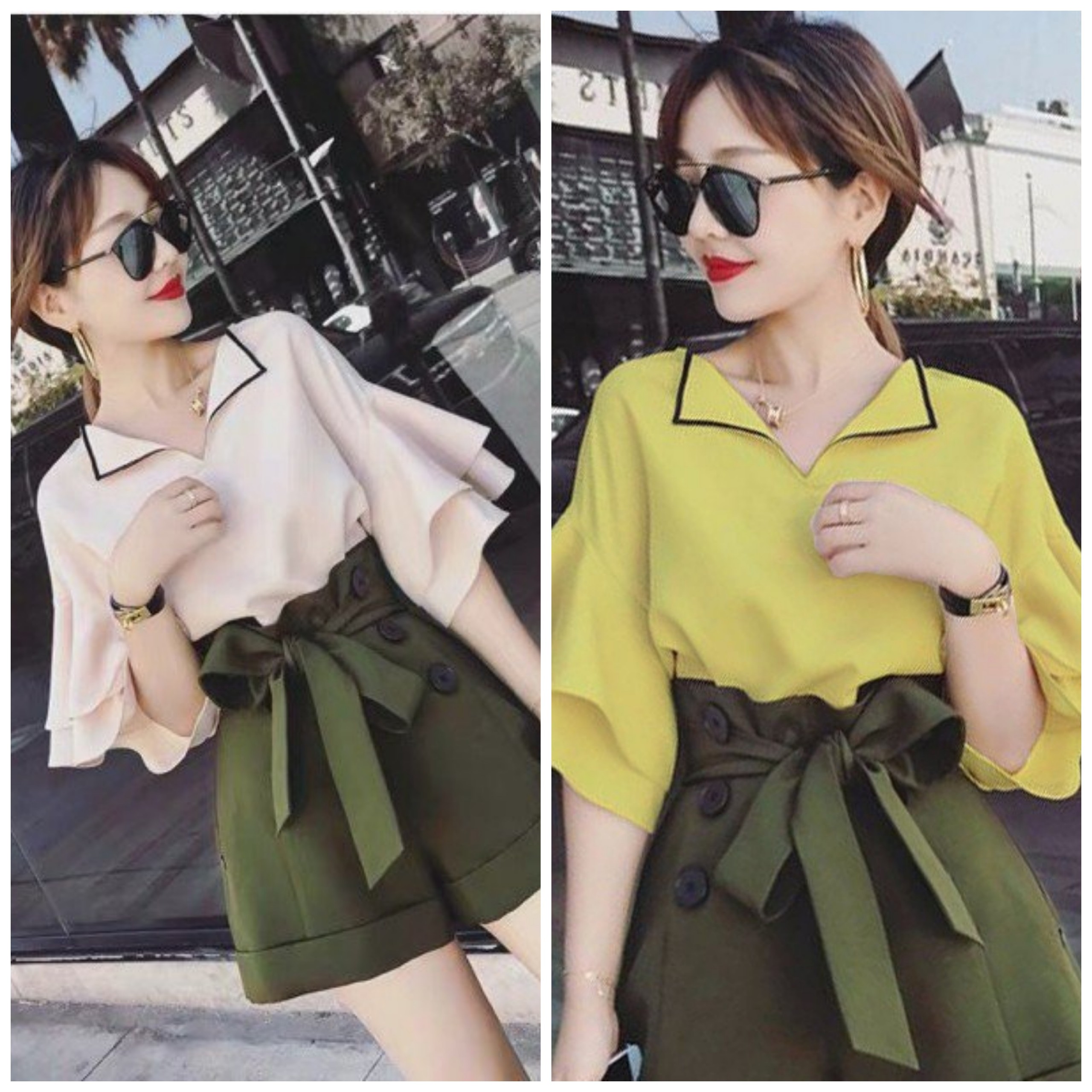 ÁO CỔ BẺ PHỐI VIỀN TAY LOE CÔNG SỞ (KÈM QUÀ TẶNG)