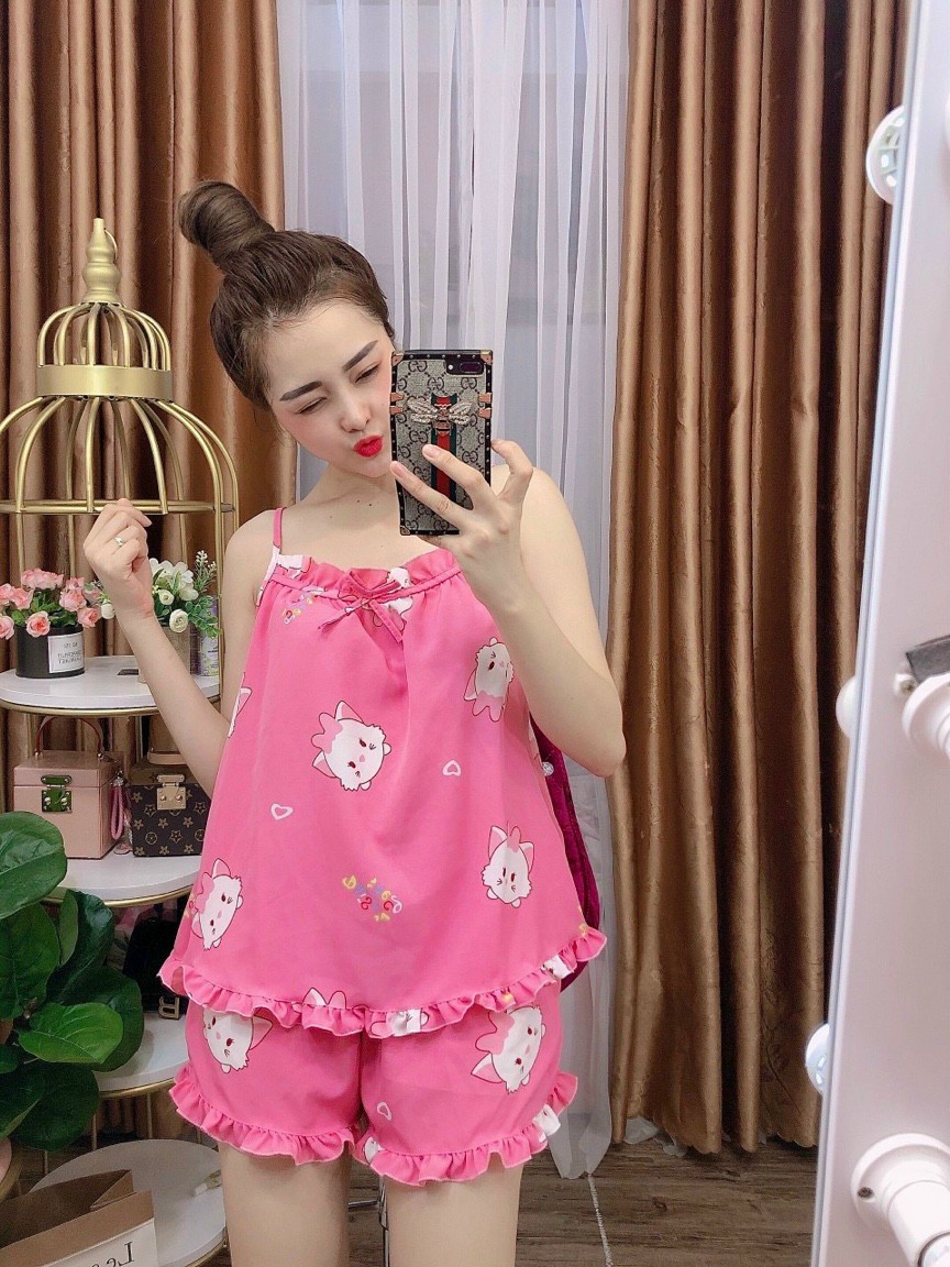 Set bộ tiểu thư mặc nhà in hoạt hình chất lụa satin mát mẻ