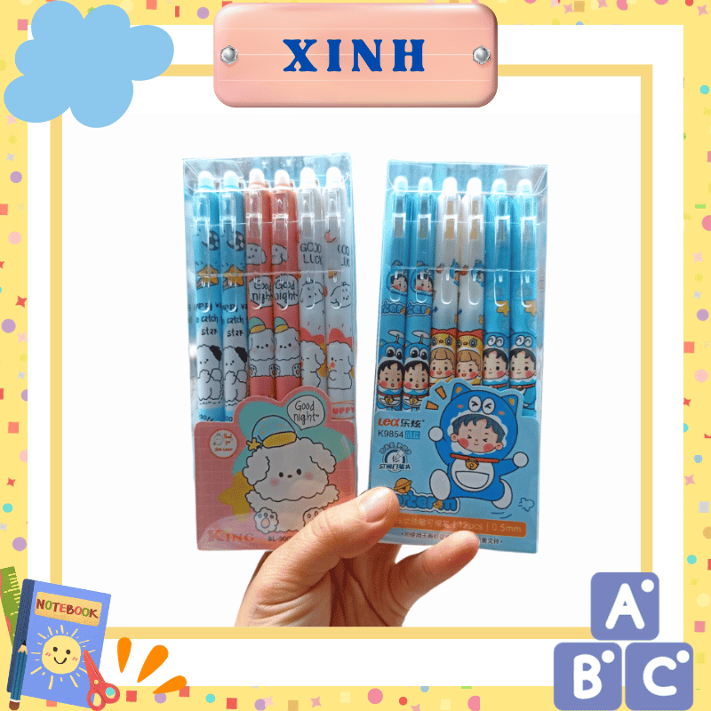 Bút gel xanh xóa được, bút bi bấm mẫu cute hộp 12 cây ngòi 0.5mm
