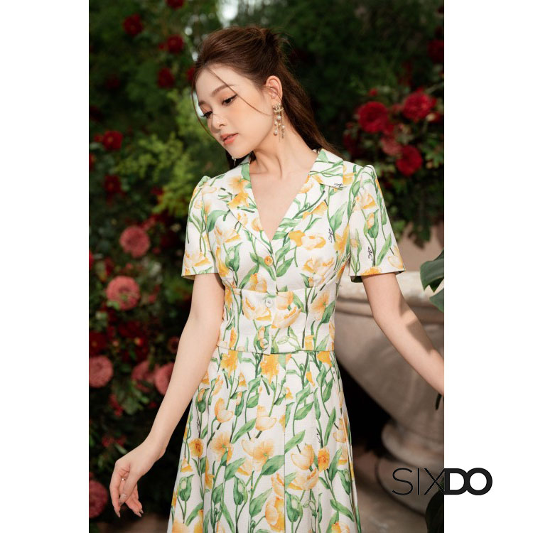 Chân váy hoa A midi xếp ly thời trang SIXDO (Z-White Floral Midi Raw Skirt)
