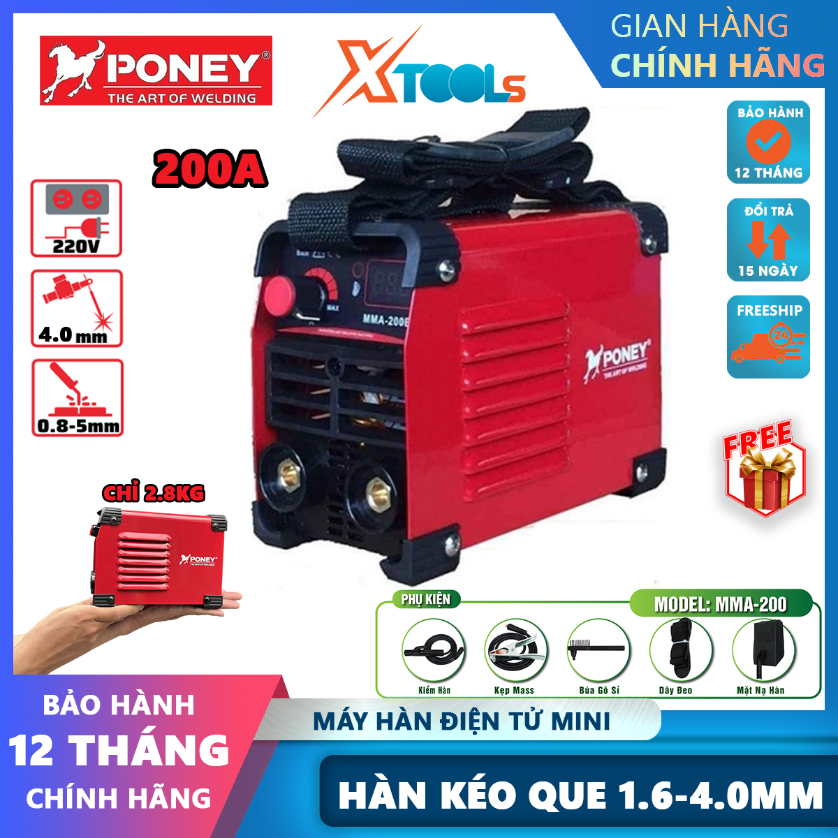 Máy hàn mini, máy hàn điện tử, hàn que PONEY 200A hàn kéo que 3.2 li đầy đủ bộ phụ kiện, bù hồ quang, hàn được que inox, công nghệ IGBT