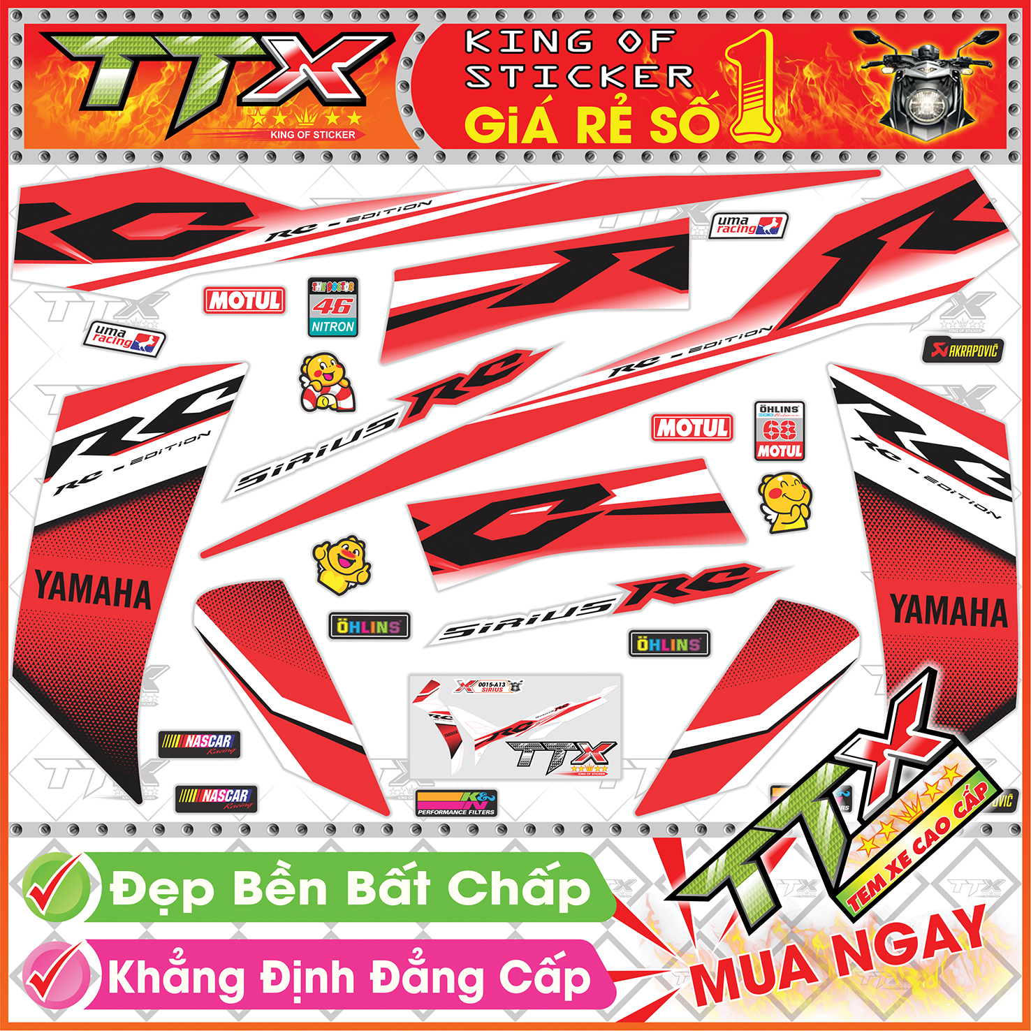 Tem xe sirius 110 trắng đỏ - tem sirius rc chữ đen màu đỏ trắng siêu đẹp - mẫu team sirius trắng đỏ