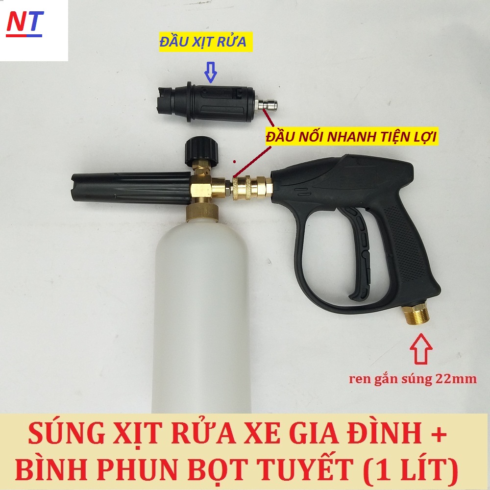 Combo bộ vòi xịt rửa xe áp lực cao và bình phun tạo bọt tuyết cao áp tay xịt ren ngoài 22mm và bình 1 lít
