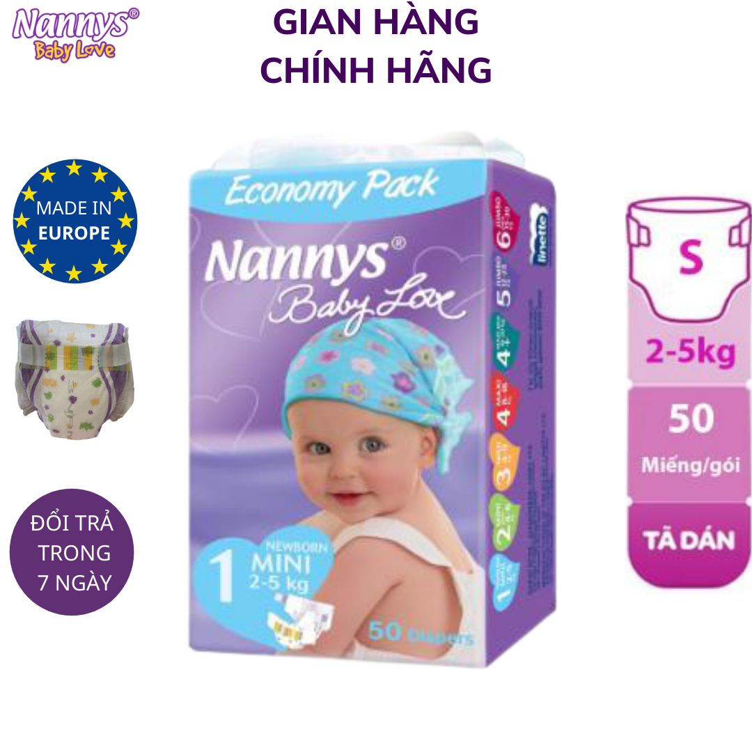 Tã/ bỉm DÁN Nannys S/M/L/XL/XXL 50 miếng (Cho bé 2-25kg)