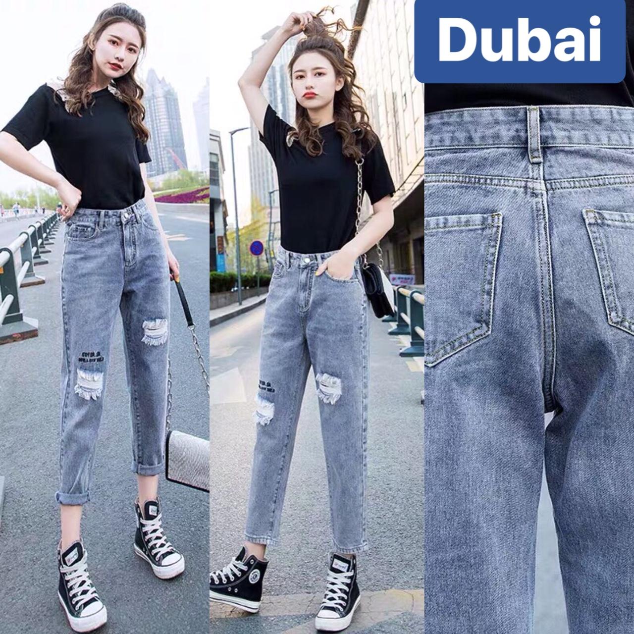 QUẦN BAGGY JEAN NỮ CHẤT BÒ XANH RÁCH IN CHỮ LƯNG CAO NÂNG MÔNG ULLZANG DB-3051 CAO CẤP - DUBAI FASHION