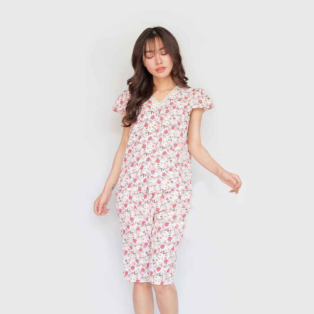 Đồ ngủ nữ lụa lửng cộc tay ren cổ hoa nhí siêu dễ thương