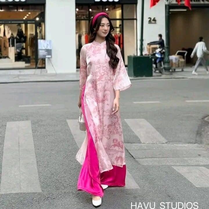 Áo dài cách tân tơ in 4 tà tay lỡ cổ 2cm màu hồng