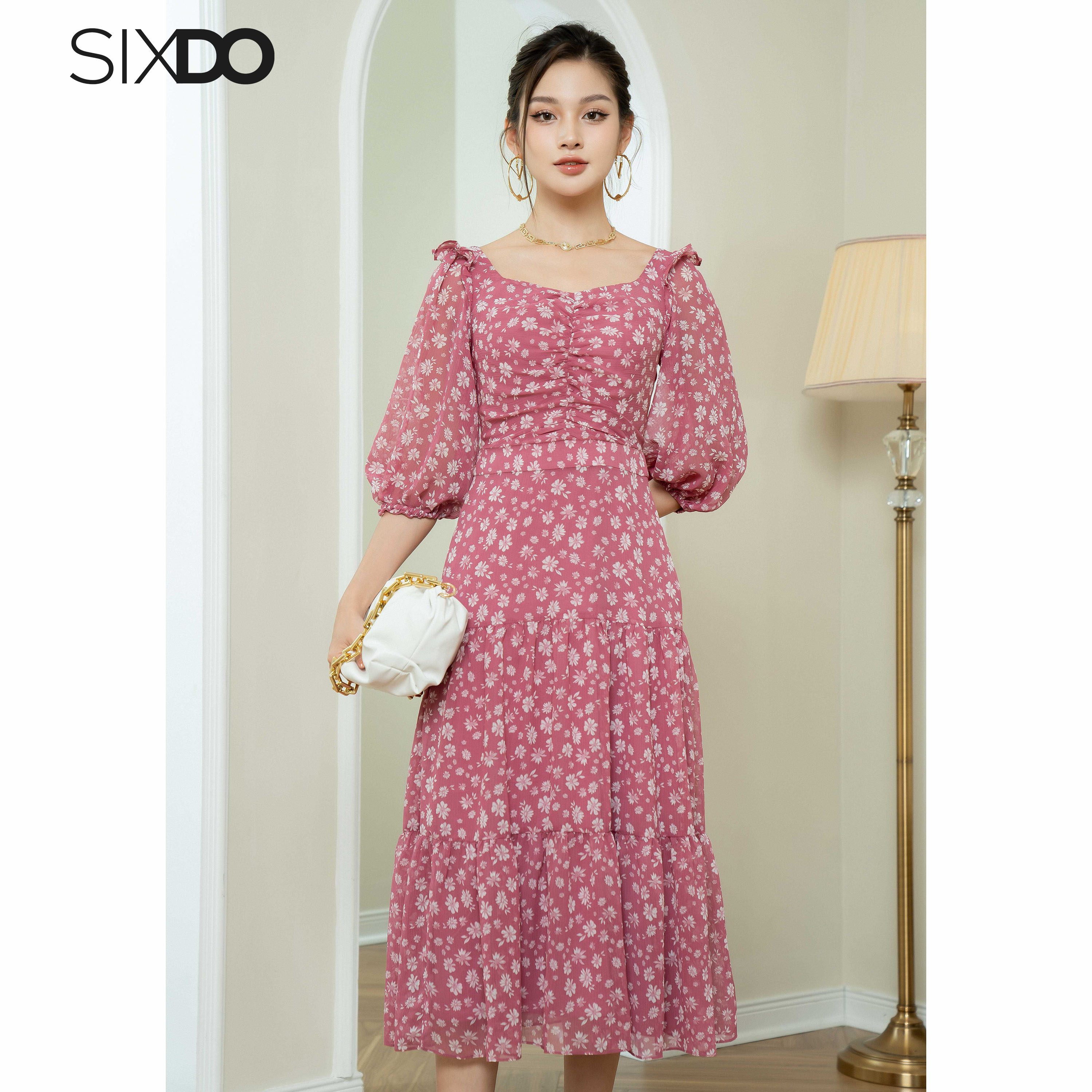 Đầm voan hoa tay phồng SIXDO (Floral Midi Voile Dress)