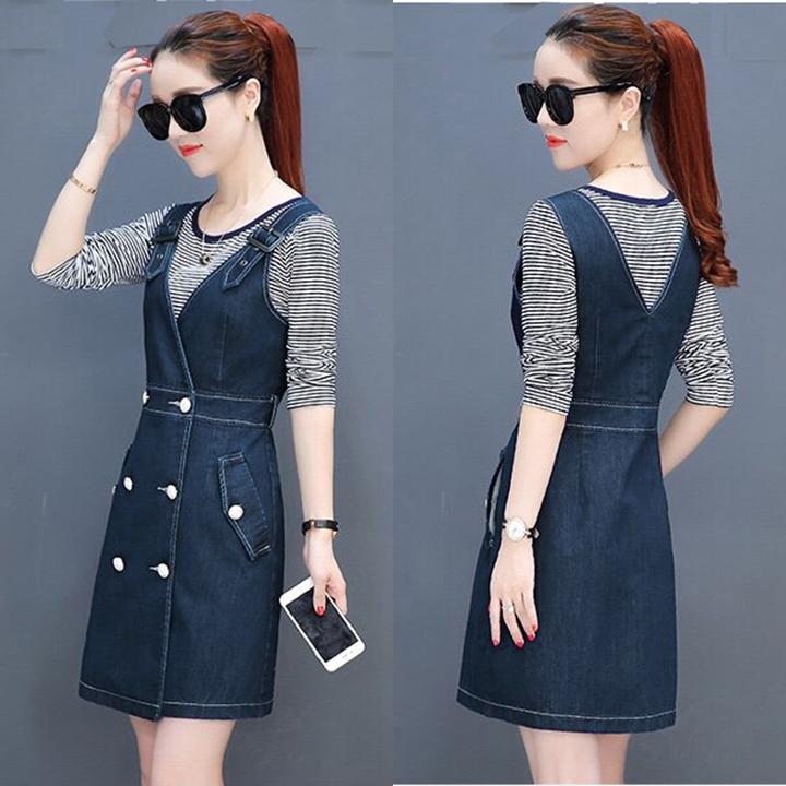 [HCM]Đầm Yếm Jean Nữ Duyên Dáng Phối Nút
