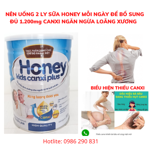 Sữa canxi dành cho người lớn tuổi Honey Kids Canxi Plust bổ sung 1.200mg canxi mỗi ngày, giúp ăn ngon ngủ tốt, giảm đau nhức tê bì tay chân, ngăn ngừa loãng xương