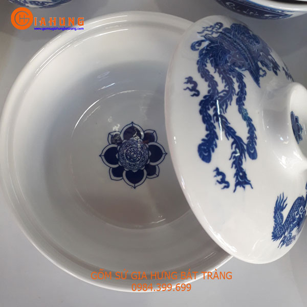 Bộ bát đĩa thờ đầy đủ men lam rồng phượng