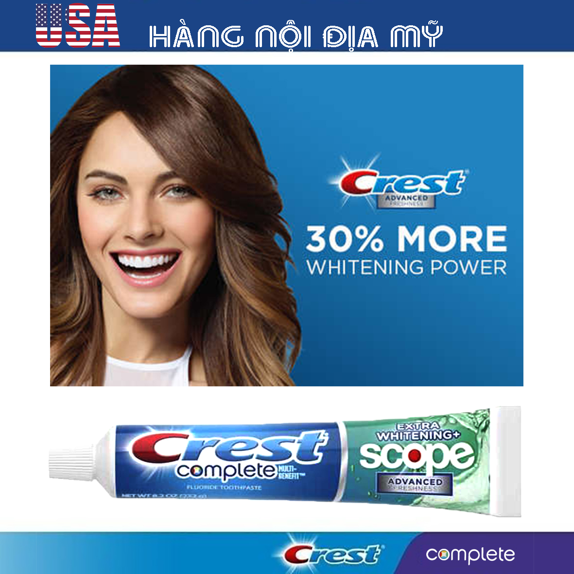 Kem đánh răng Crest Complete + Scope Advanced Active Foam 232g [HÀNG LOẠI 1, CAM KẾT KHÔNG GIẢ, HÀNG NỘI ĐỊA MỸ]